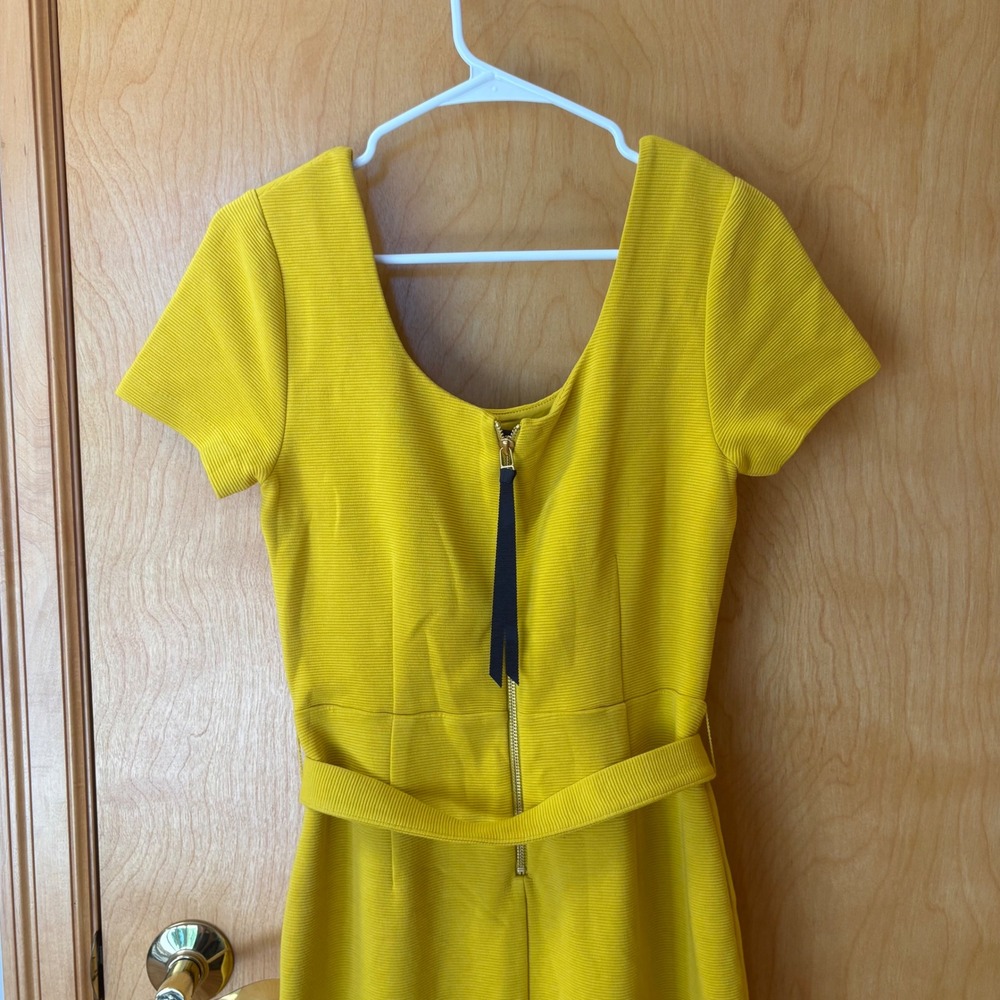 Boden Sheath Dress Women 6R Yellow Ribbed Belted Short Sleeve Scoop Neck - Picture 6 of 11